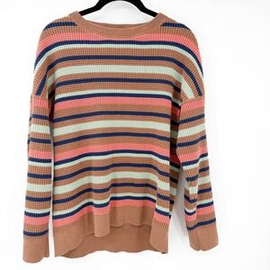 REI Co-op Womens Medium Brown Striped Waffle Knit 100% Cotton Sweater Crewneck